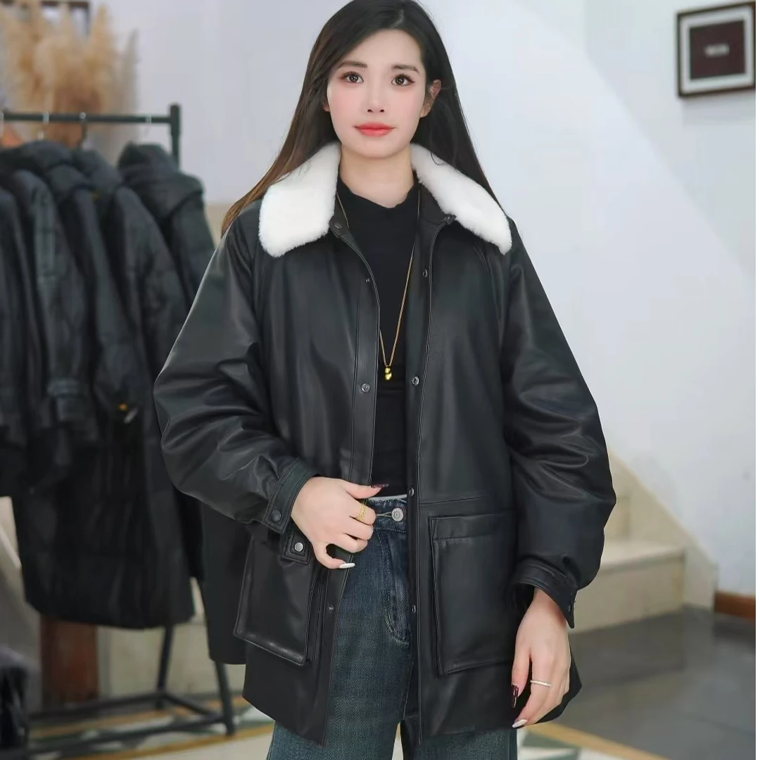 【J】网红真皮鹅绒服女士短款绵羊皮羽绒服冬季加厚保暖百搭宽松