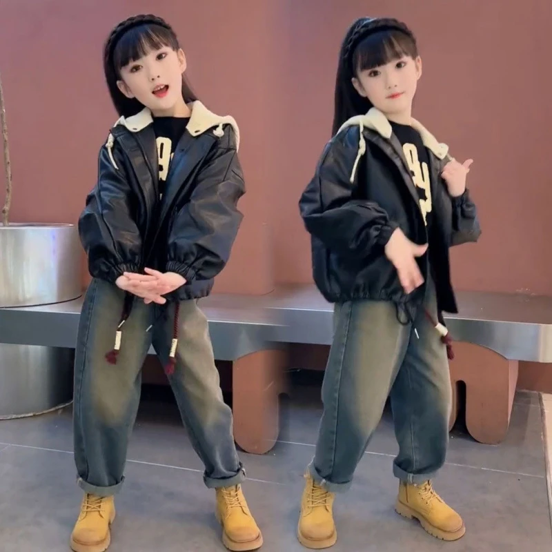 女童女孩小女孩皮衣夹克儿童中大童加厚复古拆卸帽上衣时髦外套