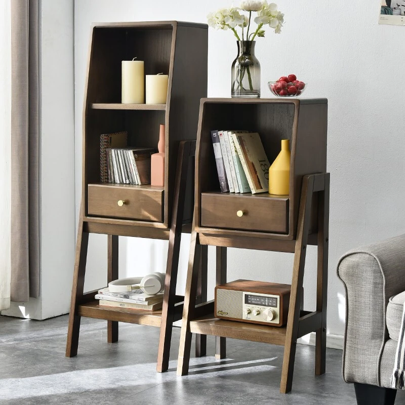 家用置物架实木落地书架北欧风收纳架简约木质客厅边柜储物旋转
