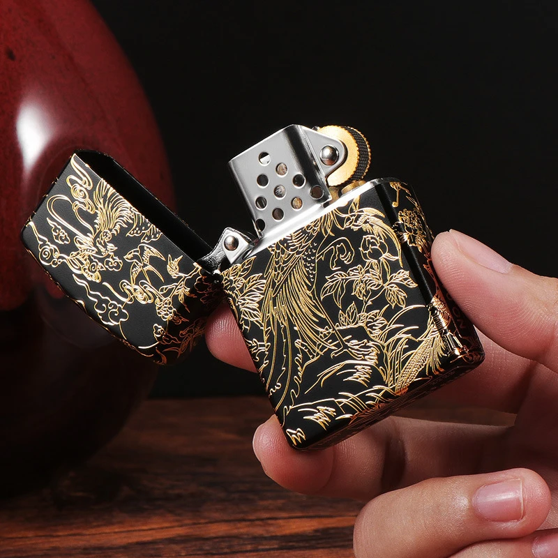 ZORRO二代佐罗鎏金龙凤呈祥煤油打火机经典砂轮金属防风高档火机