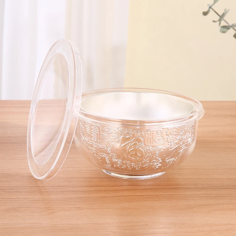 百福银碗餐具高端加厚家用手工浮雕礼品喜碗汤碗带盖正品高档透明