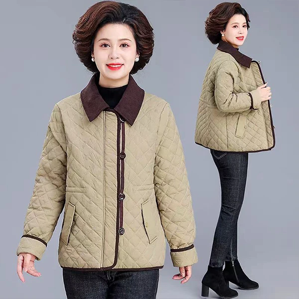 2024秋冬新款妈妈装撞色翻领拼接时尚简约洋气短款格纹休闲棉衣