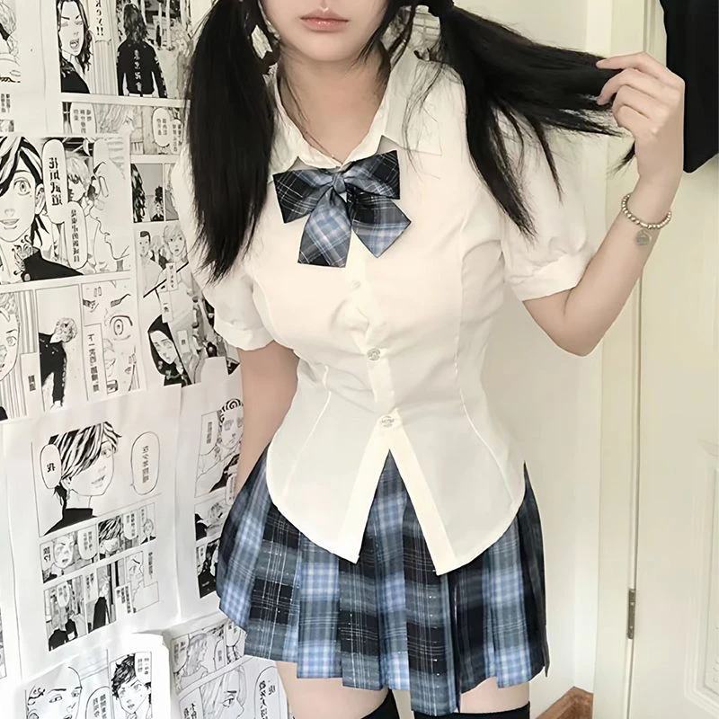 日系jk衬衫女夏季短袖上衣2025新款学院风气质收腰绑带泡泡袖衬衣