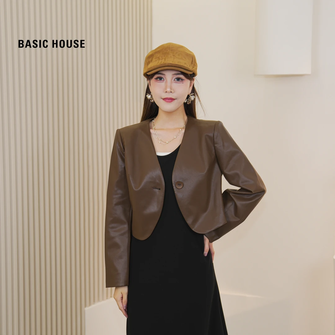 Basic House/百家好时尚百搭显瘦背心裙皮衣夹克套装 A24QT827