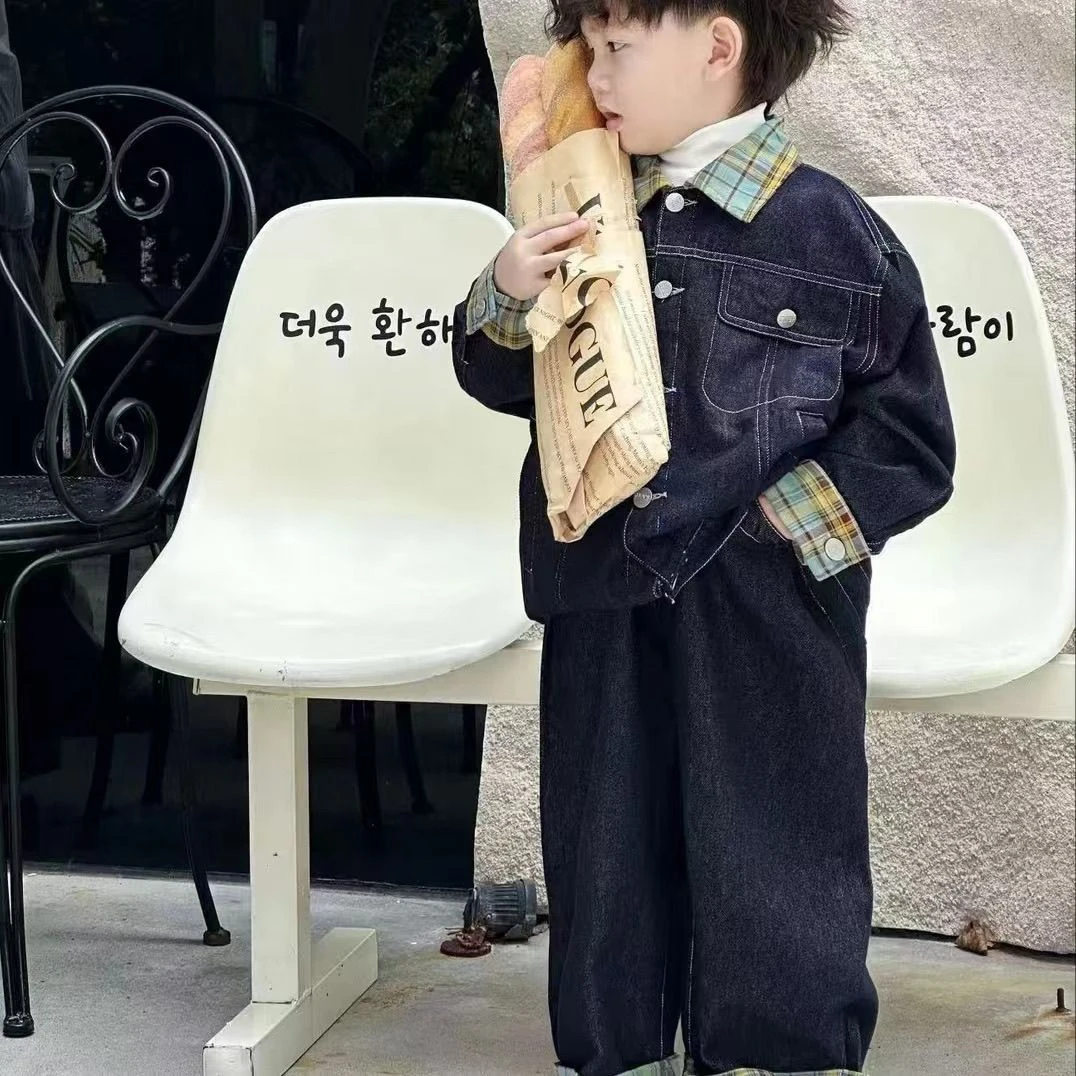 男童牛仔春秋套装2024新款儿童洋气格子拼色外套牛仔裤韩版两件套