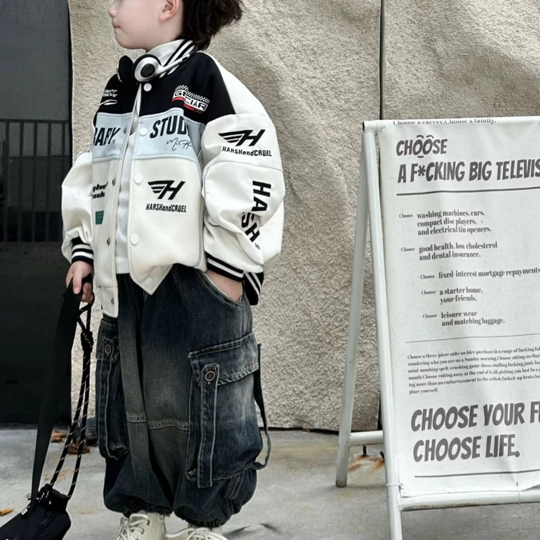 男童秋季新品拼色棒球服牛仔裤套装2024新款男女宝宝韩版宽松套装