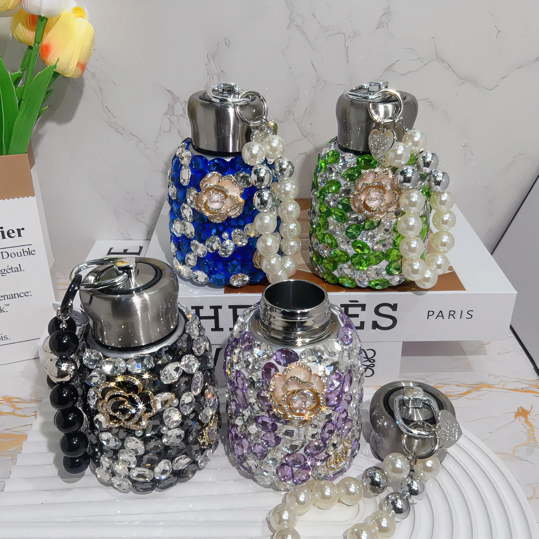 新款带镶钻水晶保温杯高档大肚杯女生高颜值不锈钢手提杯镶钻水杯