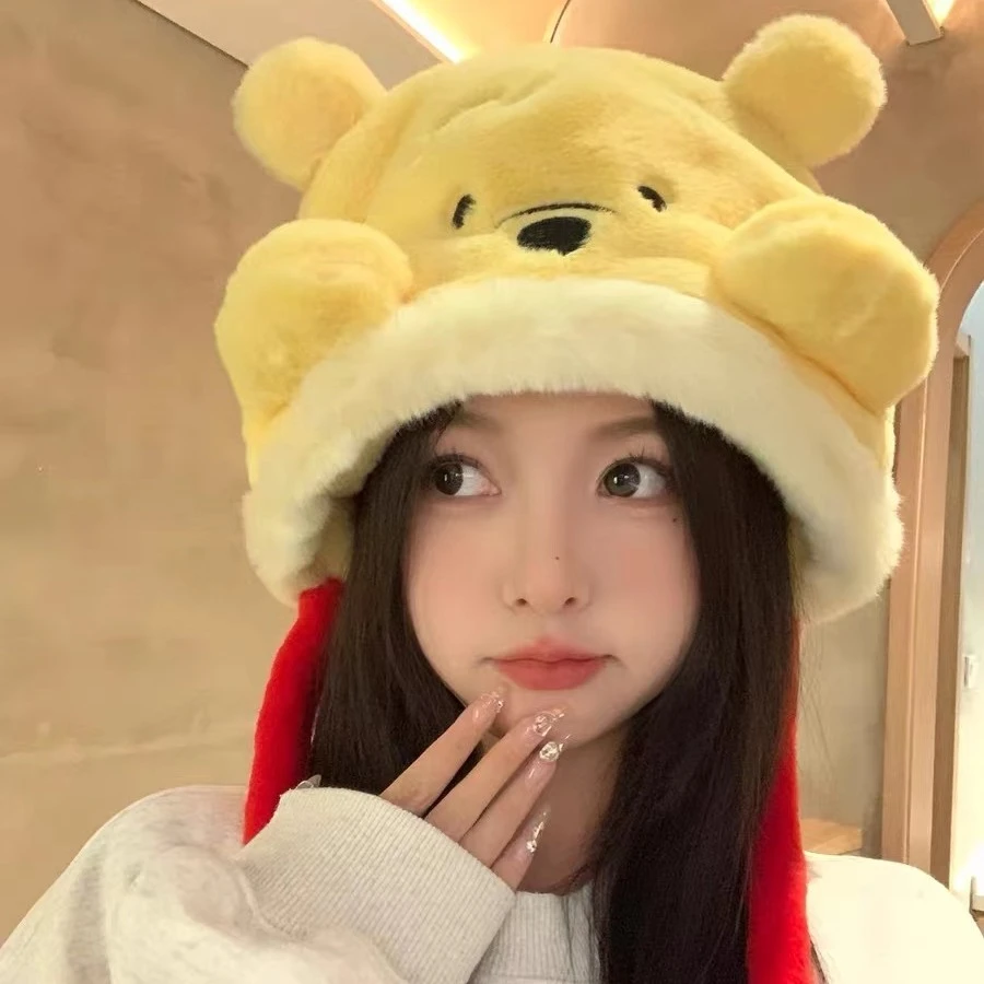 正版迪士尼可爱帽子女冬季维尼熊米奇史迪仔卡通加绒保暖雷锋帽女