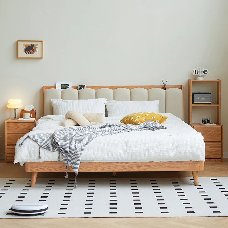 实木软包床北欧原木卧室简约白色科技布琴键床主卧橡木置物双人床