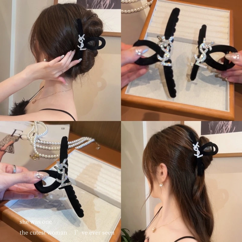 闪钻字母抓夹女高级感大号后脑勺鲨鱼夹黑色丝绒复古法式发夹发饰
