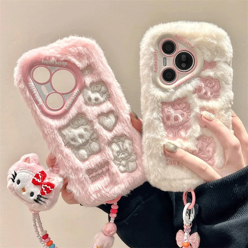 秋冬毛绒粉凯蒂猫适用华为pura70pro+手机壳mate60pro新款70pro女
