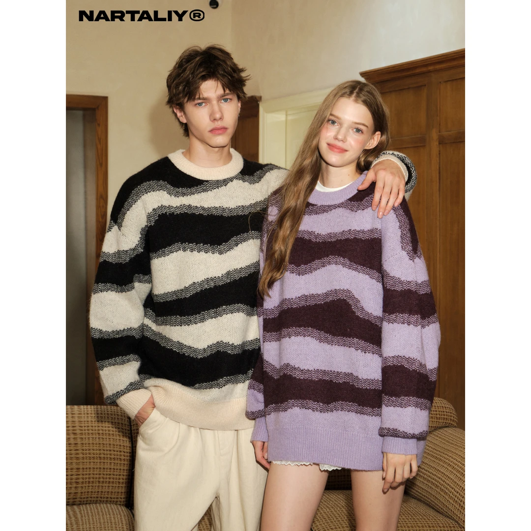 NARTALIY美式不规则条纹毛衣男女秋冬慵懒宽松情侣针织衫外套M006