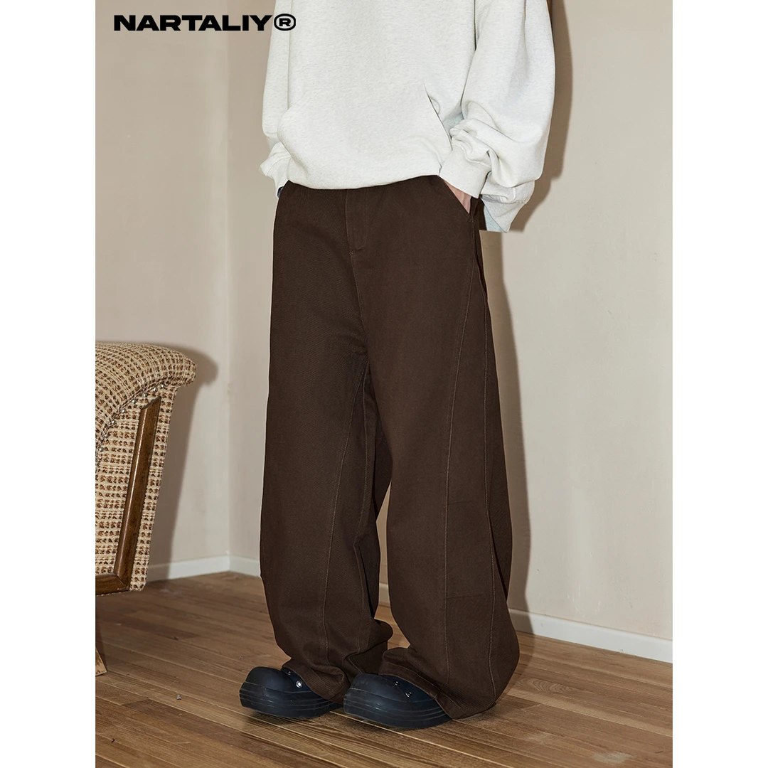 NARTALIY美式水洗做旧休闲裤男纯棉潮纯色宽松直筒裤阔腿长裤V215