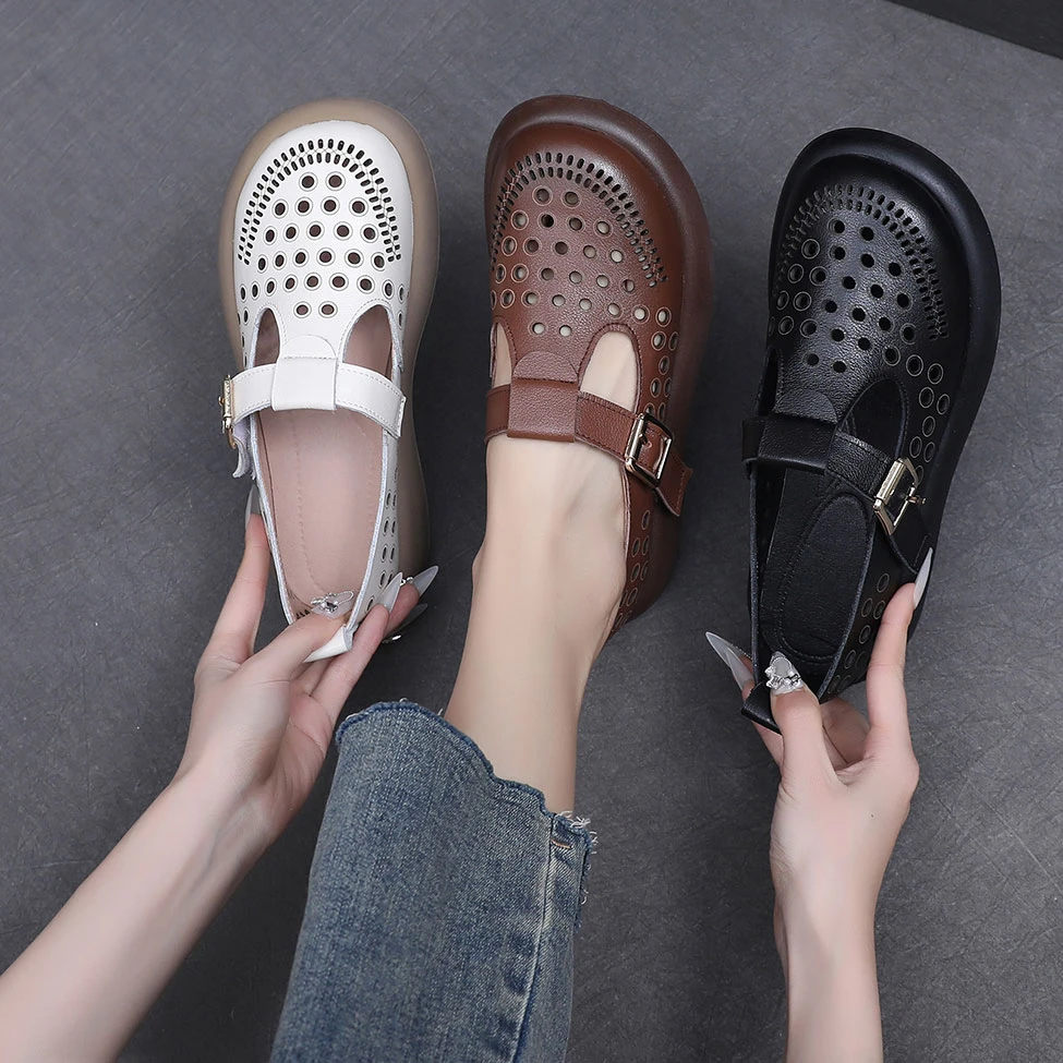 夏季单鞋圆头舒适厚底包头凉鞋镂空透气休闲妈妈皮鞋真皮洞洞鞋女