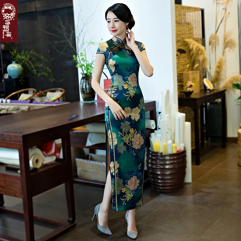 高贵真丝喜婆婆婚宴旗袍显瘦绿牡丹高级感年轻款气质演出走秀旗袍