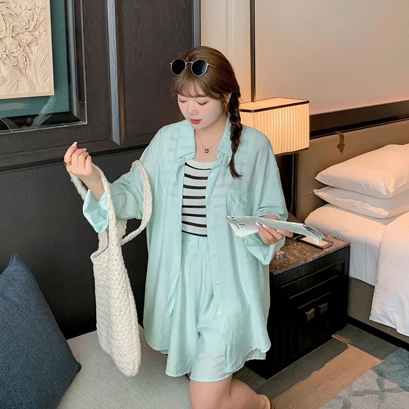 【霏霏专属】韩版大码夏季外穿薄款衬衫+时尚短裤两件套-8605