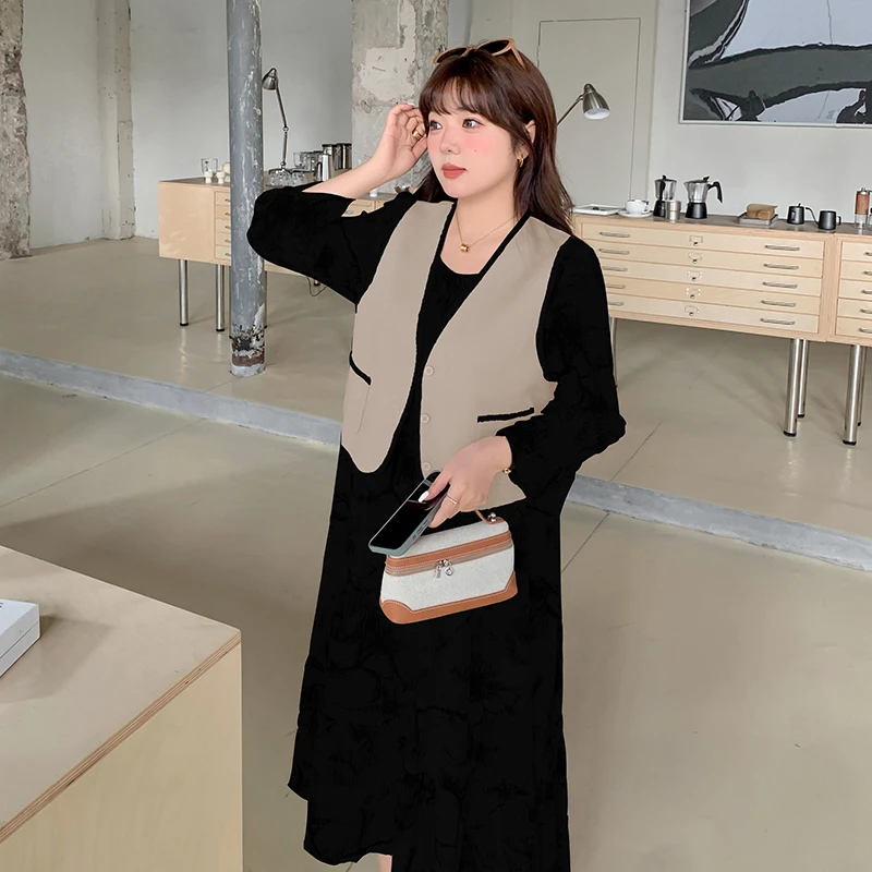 【霏霏推荐】春季新款复古小香风马甲显瘦气质连衣裙套装-8519