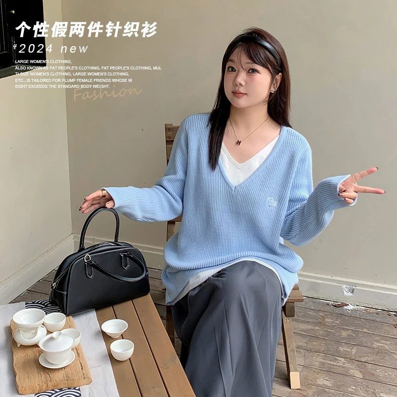 【雨锁蓝心】长袖小众宽松秋季撞色设计感套头假两件V领毛衣-F251