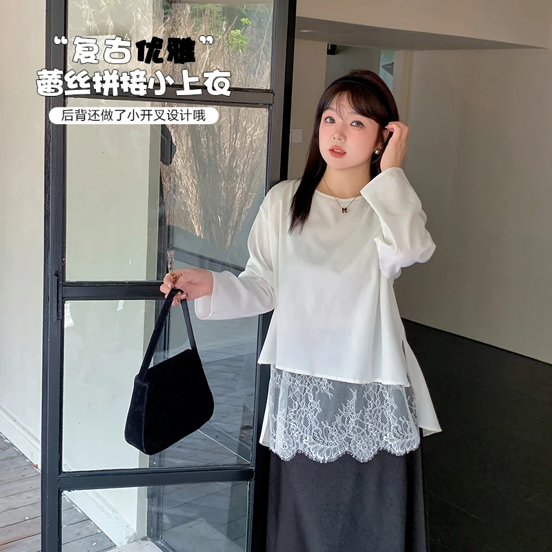 【霏霏推荐】长袖宽松休闲中长款拼接蕾丝不规则开叉上衣-L275