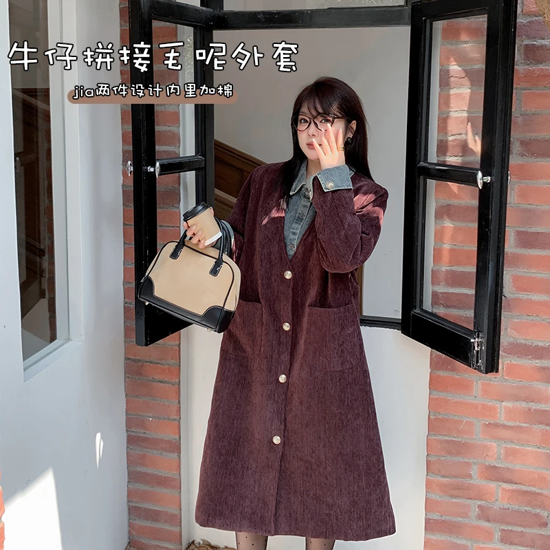 【契约之心】秋冬时尚气质复古牛仔拼接假两件毛呢中长款外套-8751