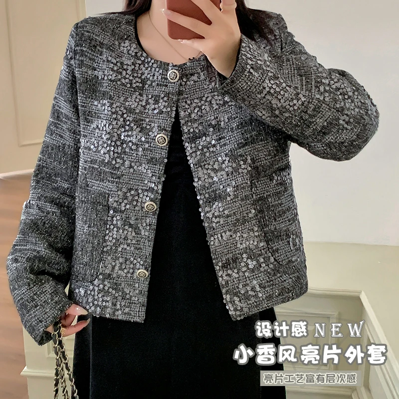 【霏霏专属】秋季新款大码女装200斤胖mm设计感小香风亮片外套-L291