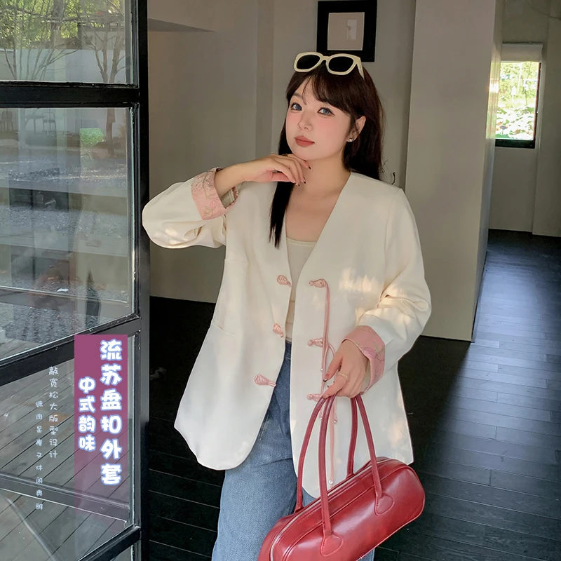 【霏霏推荐】2024年秋季新款胖MM加肥大码新中式V领盘扣外套-8685