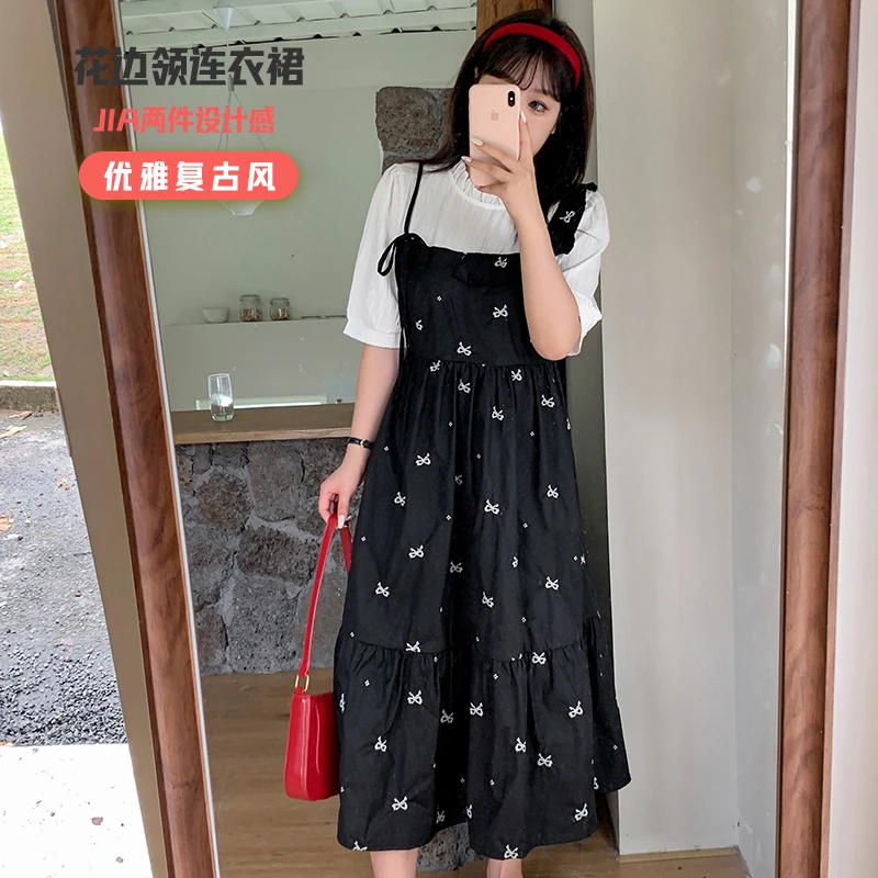 【霏霏推荐】夏季大码优雅气质法式花边领假两件拼接连衣裙-L252