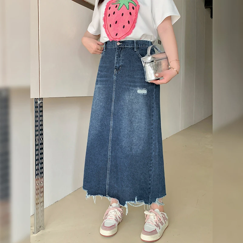 【霏霏推荐】春季设计感中长款破洞磨边牛仔半裙-ST1333