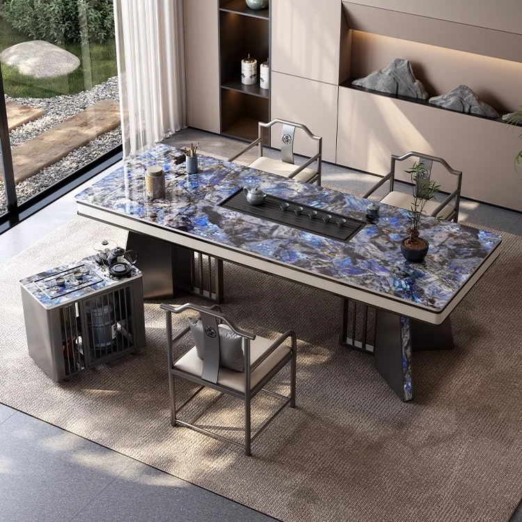 蓝宝石奢石岩板茶台桌茶桌椅组合现代简约茶桌烧水壶入式一体轻奢