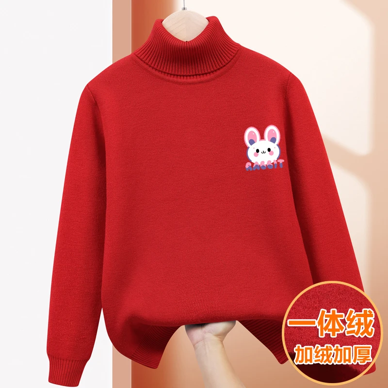 女童针织衫冬季新款加绒儿童高领毛衣时尚女孩加厚一体绒套头毛衫