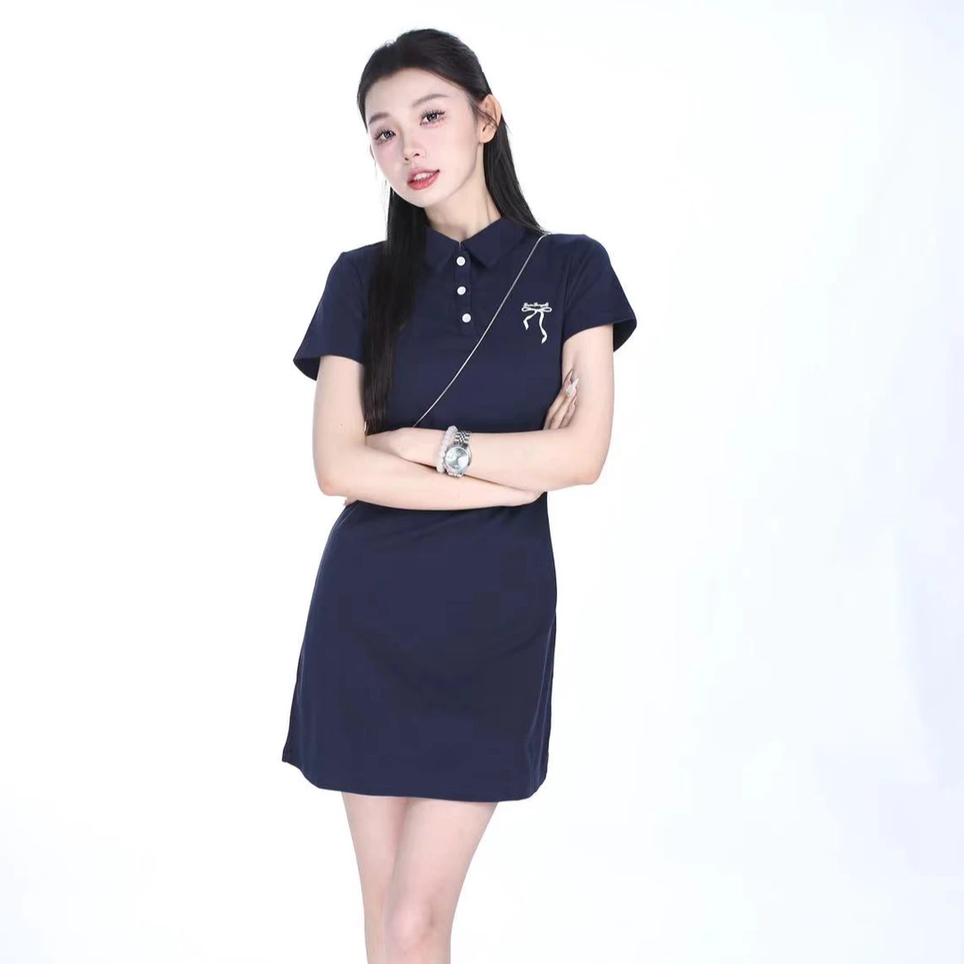 现货【女团C位】夏季百搭POLO领蝴蝶结刺绣显瘦中长款女连衣裙
