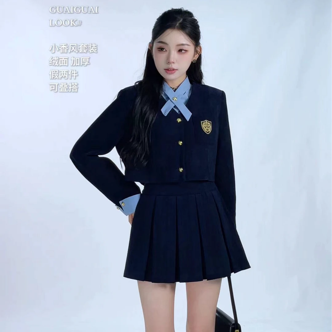 【全智贤】秋冬厚款假两件拼接单排扣翻领学院风英伦显瘦女外套