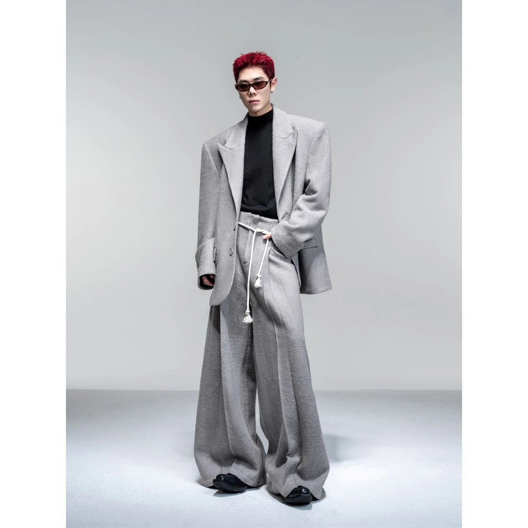 DBW Doublewin原创收褶休闲阔腿裤男秋冬复古含羊毛宽松西服套装