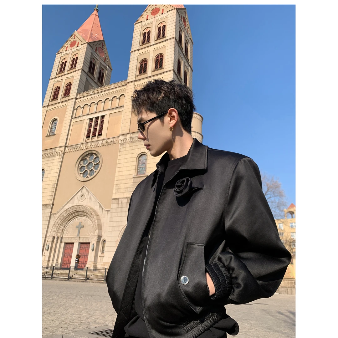 DBWDoublewin春秋仿缎面Cleanfit玫瑰胸针ins夹克外套短款