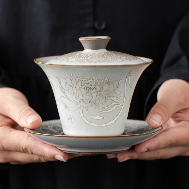 三才盖碗荷塘清趣马蹄茶碗汝窑家用功夫泡茶器德化荏仟堂陶瓷茶具