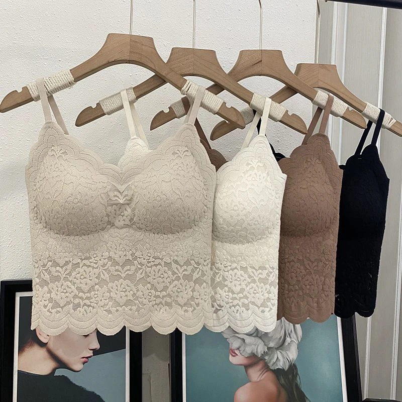 夏季冰丝蕾丝白色吊带女士2025爆款一体式固定杯带胸垫美背心薄款