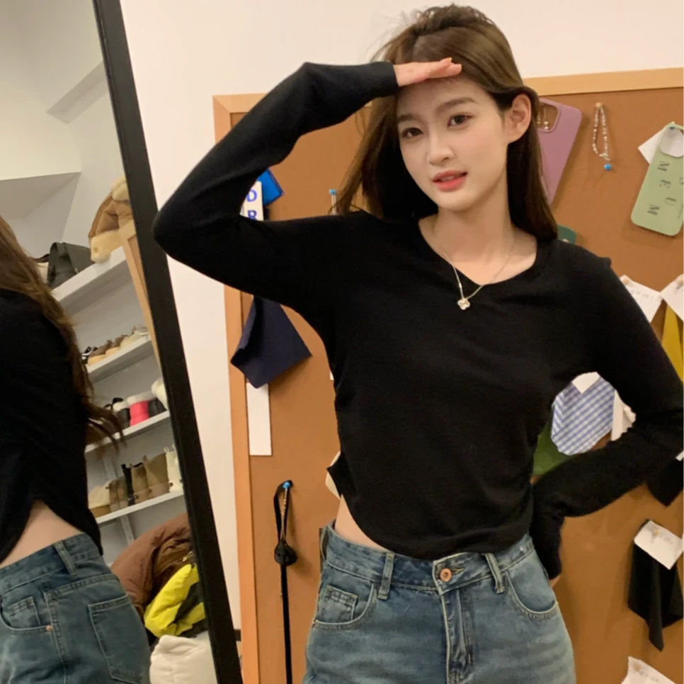 DFER【暖暖】显瘦长袖百搭紧身修身黑色秋季设计感