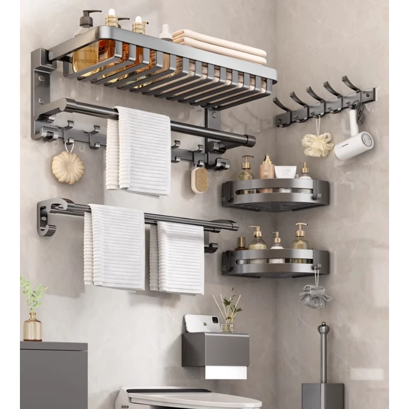 枪灰浴巾架卫生间可折叠毛巾架浴室免打孔壁挂式太空铝置物架卫浴