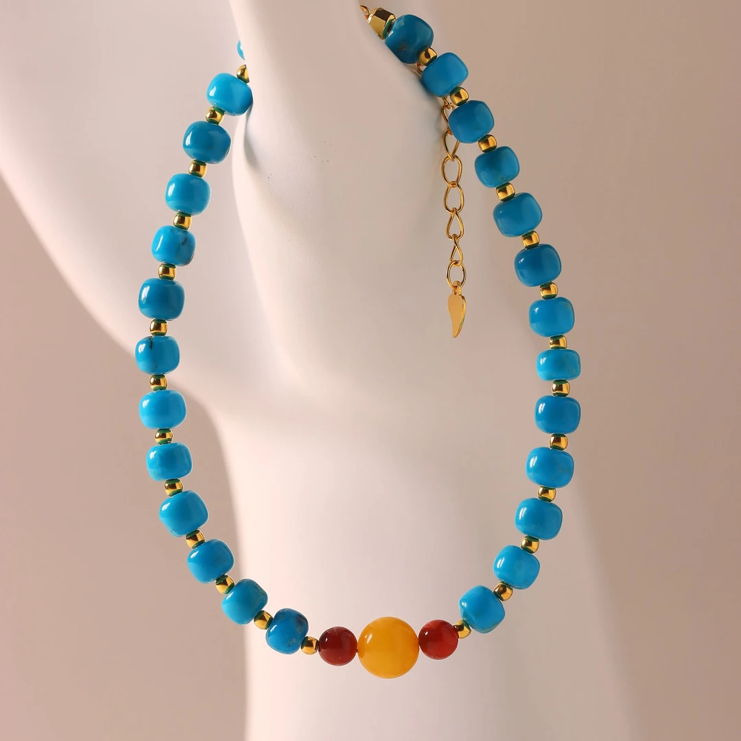 天然高瓷蓝玉化料精工老型设计款手串时尚潮流风绿松石手链