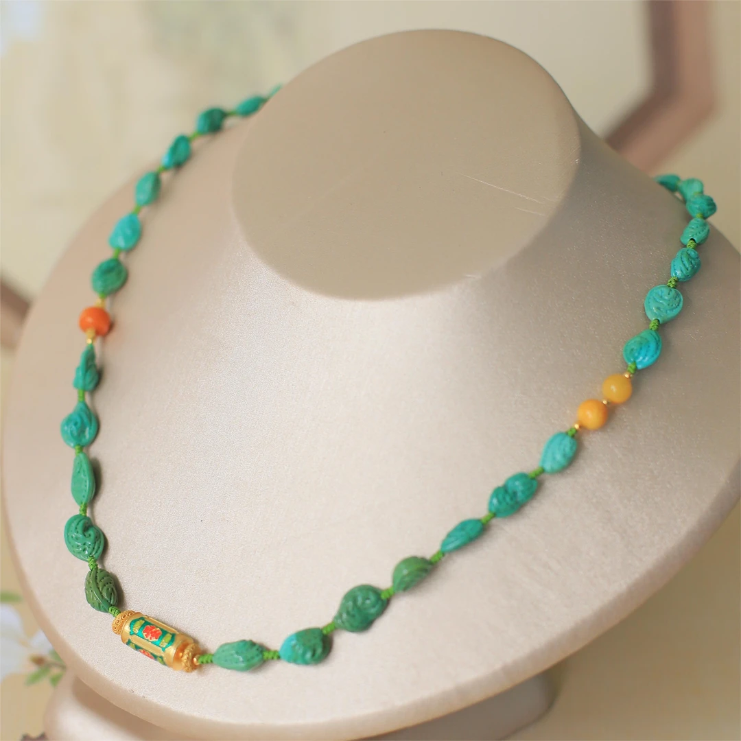 S925银绿松石玉化核桃雕刻珠项链  高货来啦！！！