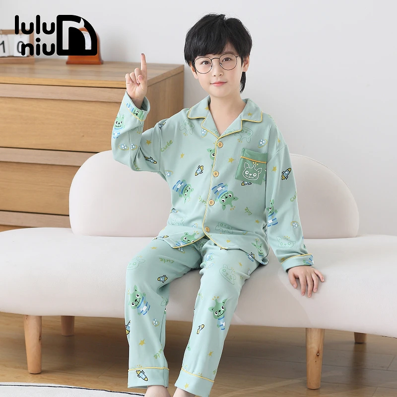 噜噜牛儿童睡衣男童春秋全棉薄款薄荷曼波12男孩中大童15岁家居服