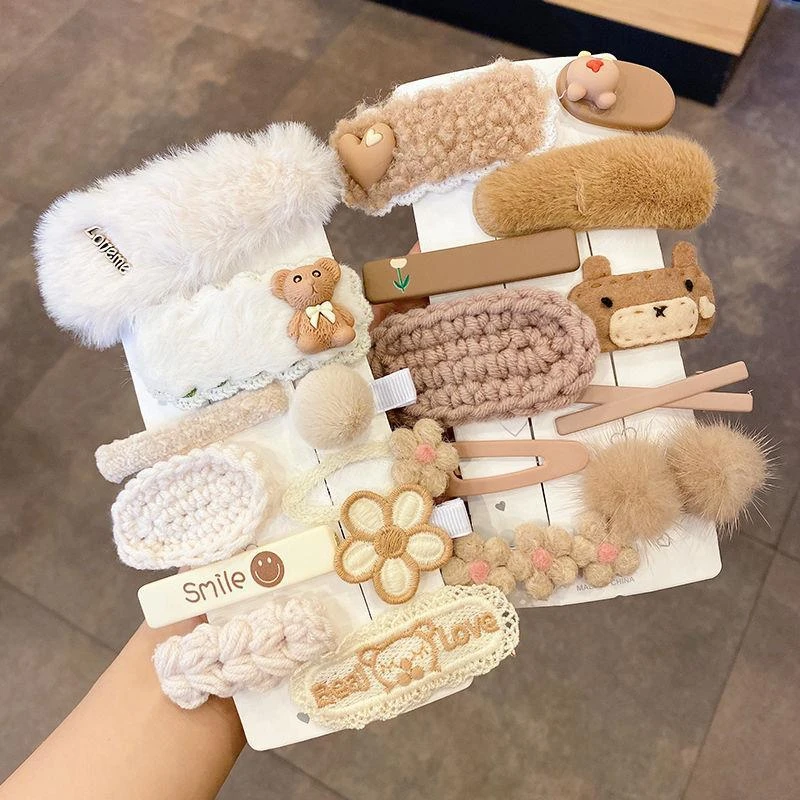 奶咖毛绒发夹刘海侧边夹子头饰秋冬发卡女可爱bb夹