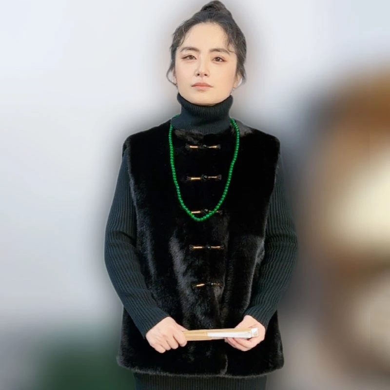 气质皮毛一体马甲坎肩米兰貂外套女士秋冬季马夹黑色时尚外穿背心