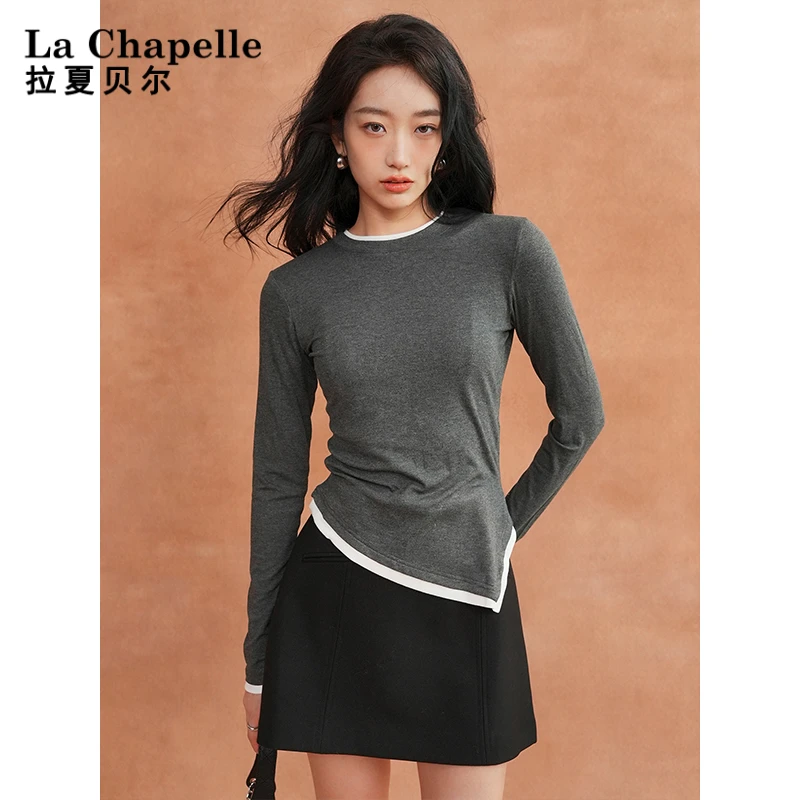 【拉夏贝尔】假两件拼接长袖T恤女春秋不规则下摆撞色内搭打底衫