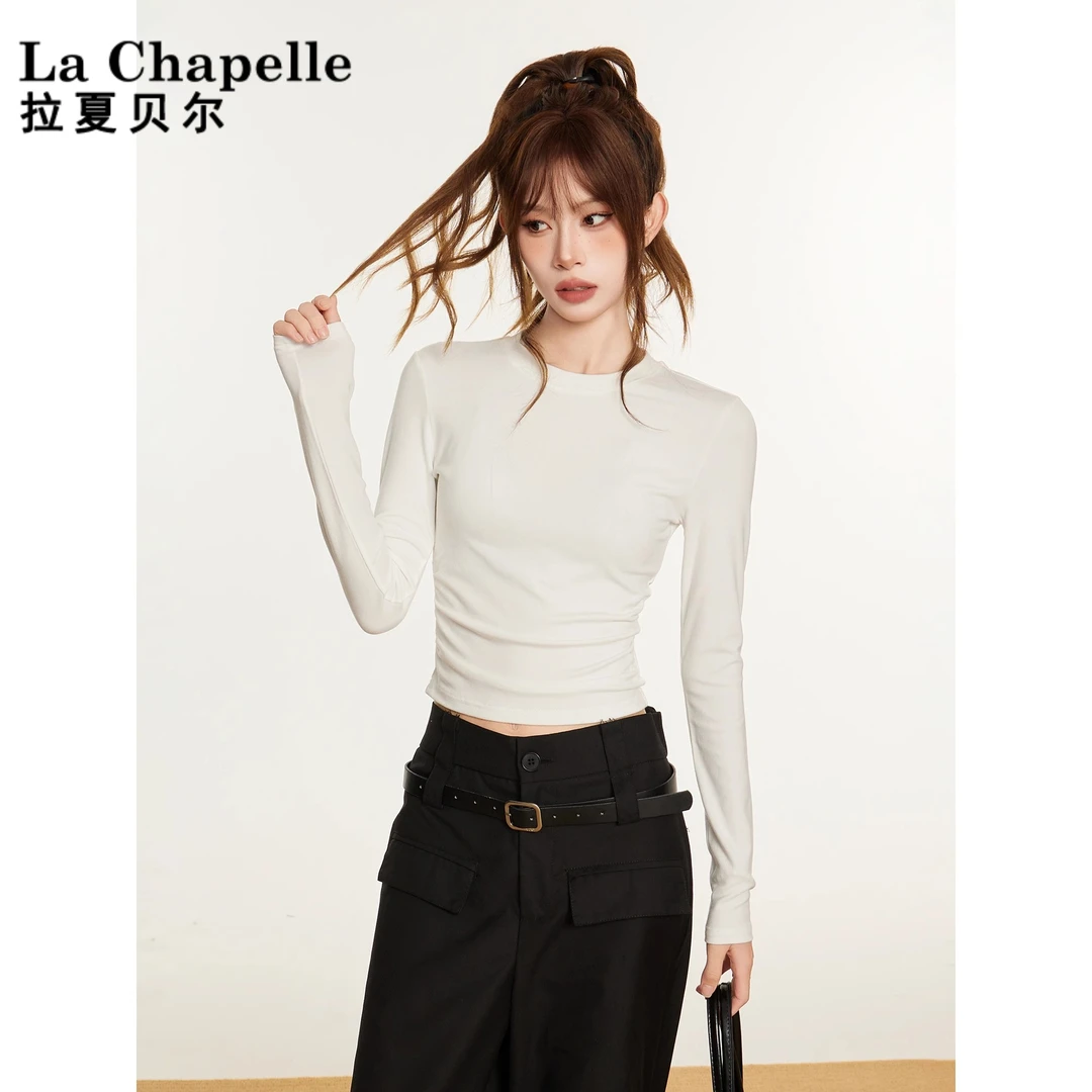 La Chapelle/拉夏贝尔白色长袖上衣女秋冬季打底衫辣妹短款设计感