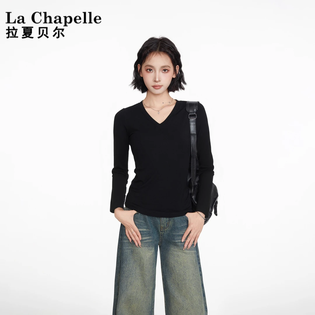 La Chapelle/拉夏贝尔ins风V领正肩长袖女春秋修身内搭上衣