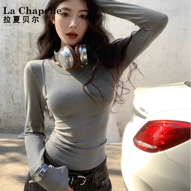 【拉夏贝尔】秋冬长袖女新款修身显瘦螺纹T恤内搭洋气辣妹风打底衫