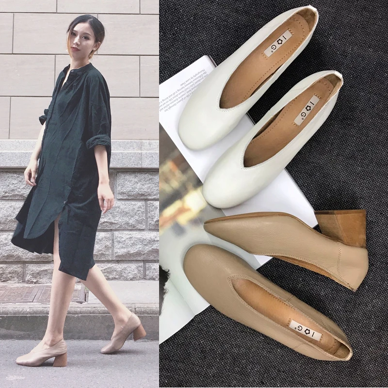 复古奶奶鞋女粗跟真皮V口2023春夏新款百搭中跟软皮方头高跟单鞋