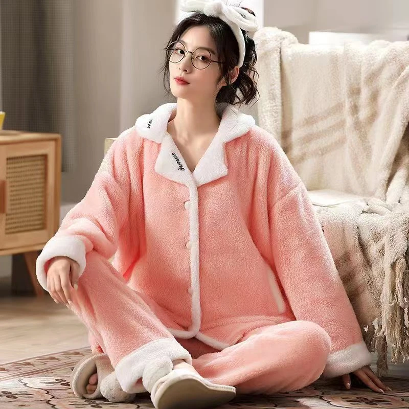 2023法兰绒新水蜜桃睡衣女秋冬季可爱家居服套装法兰绒可外穿加厚