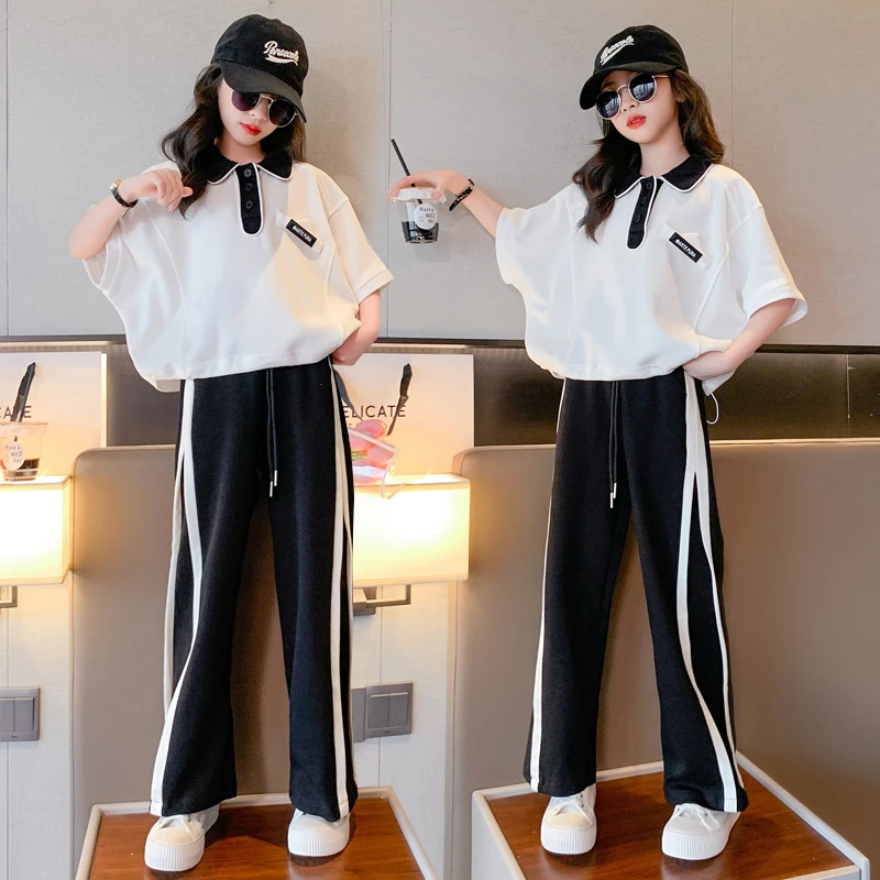 女童夏季2024新款polo领宽松韩版蝙蝠衫中大童夏装短袖阔腿裤套装